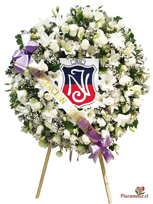 Corona de Flores para Funerales, Condolencias y Ceremonias Religiosas – Montada en Atril con logo de empresa, institución o foto de difunto con cinta impresa.