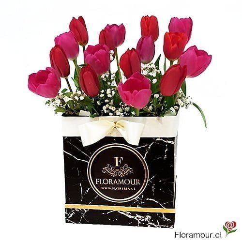 Caja negra con forma de cubo con 16 tulipanes para enviar a domicilio