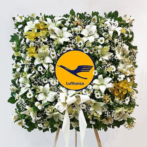 Corona de Flores para Funerales, Condolencias y Ceremonias Religiosas – Montada en Atril con logo de empresa, institución o foto de difunto