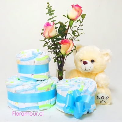 arreglos floral con torta de pañales con peluche para nacimientos y recién nacidos