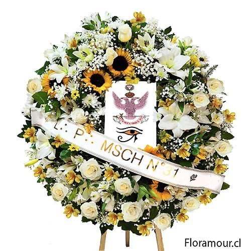 Corona de flores para funeral con logo masónico